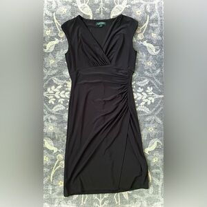 Lauren Ralph Lauren Black Ruched V-Neck Midi Dress